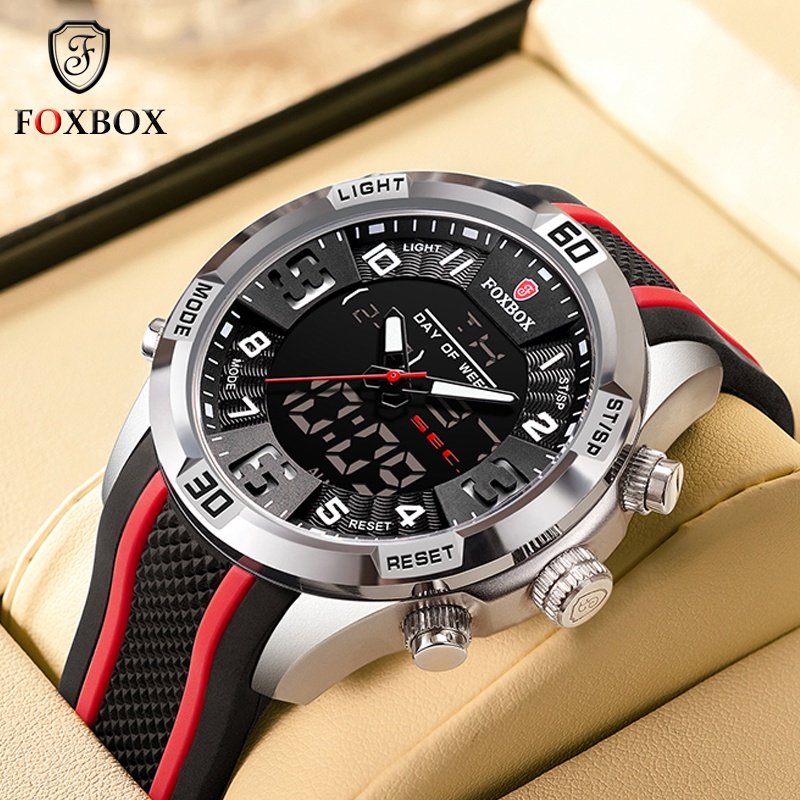 2022 New Men Watch Silicone Strap Waterproof Watch Men FOXBOX Top Brand Luxury Dual Display Quartz A