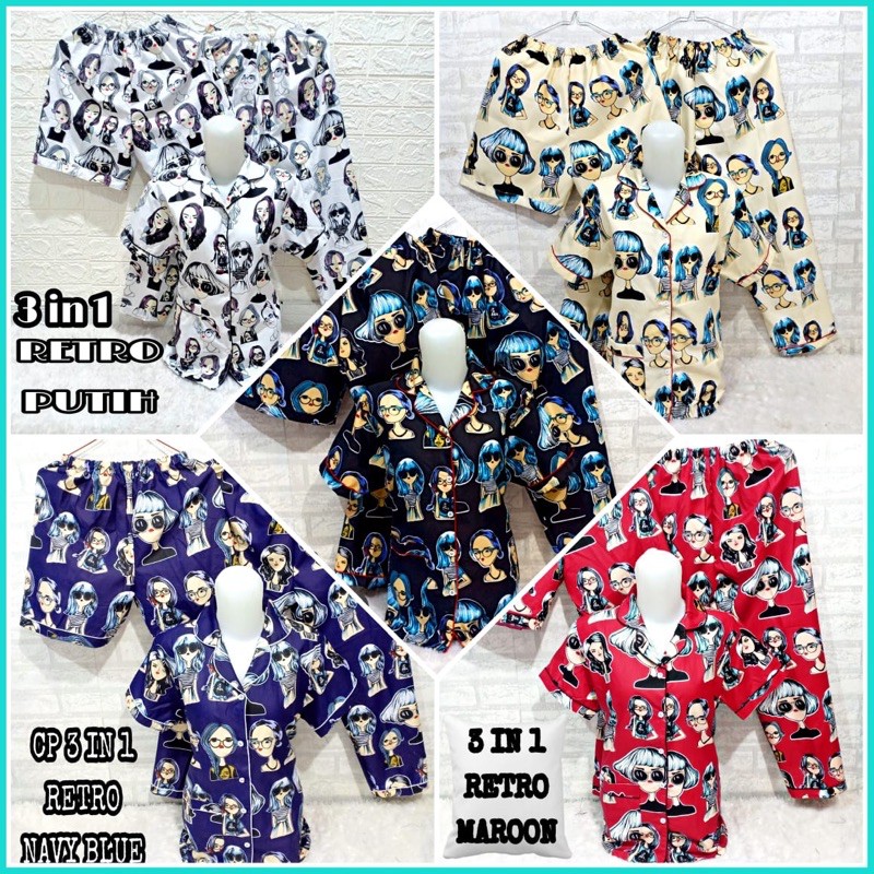 Piyama 3in1 baju tidur RETRO fit to XL/dewasa/1baju 2celana