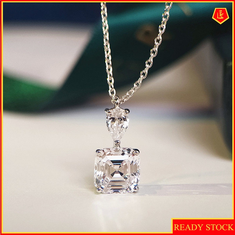 [Ready Stock]Pink Diamond Square Necklace Female Fairy S925 Silver Pendant Simple and Elegant