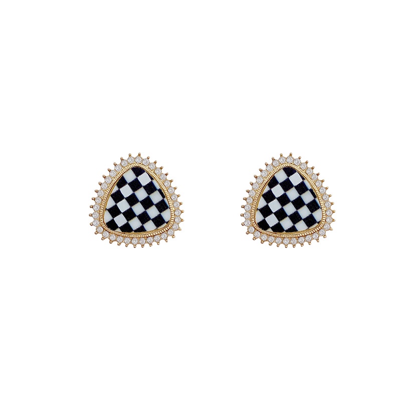 Anting Stud Desain Papan Catur Geometris Aksen Zirkon Bahan S925 Silver Needle