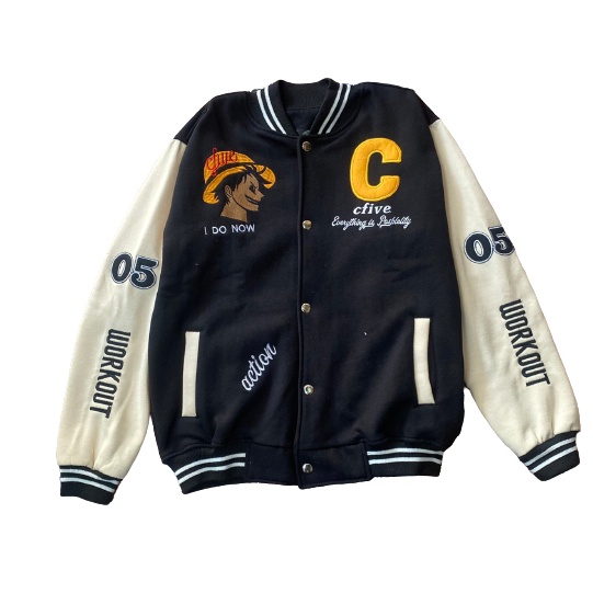 Suke Jacket Varsity Baseball Pria Vintage Hustle Bordir Black