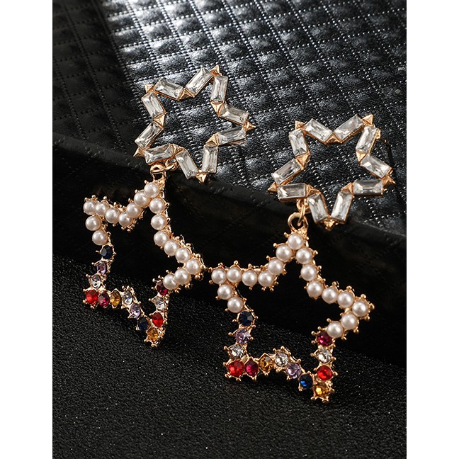 LRC Anting Tusuk Fashion Gold Diamond Five-pointed Star Pearl Star Earrings D09311