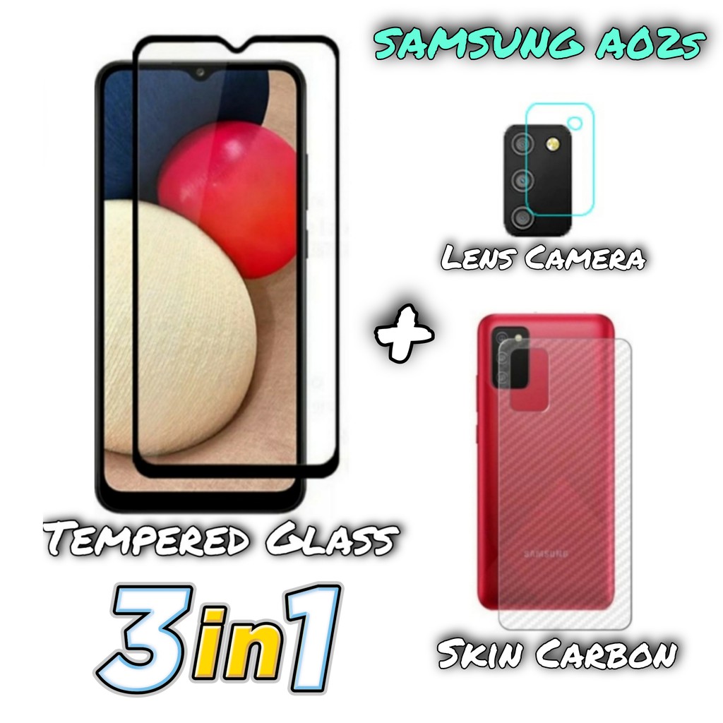 Paket 3in1 Tempered Glass Samsung A02s / Samsung M02s Pelindung Layar , Kamera dan Garskin Carbon