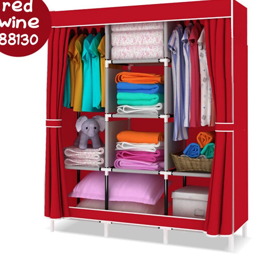 Sedang Laris Lemari Pakaian Kain Portable Jumbo 88130 Lemari 3 Sekat Lemari Baju