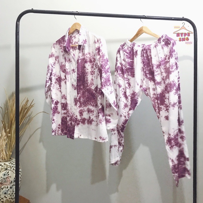 Set Piyama Tie Dye Lengan & Celana Panjang ungu putih