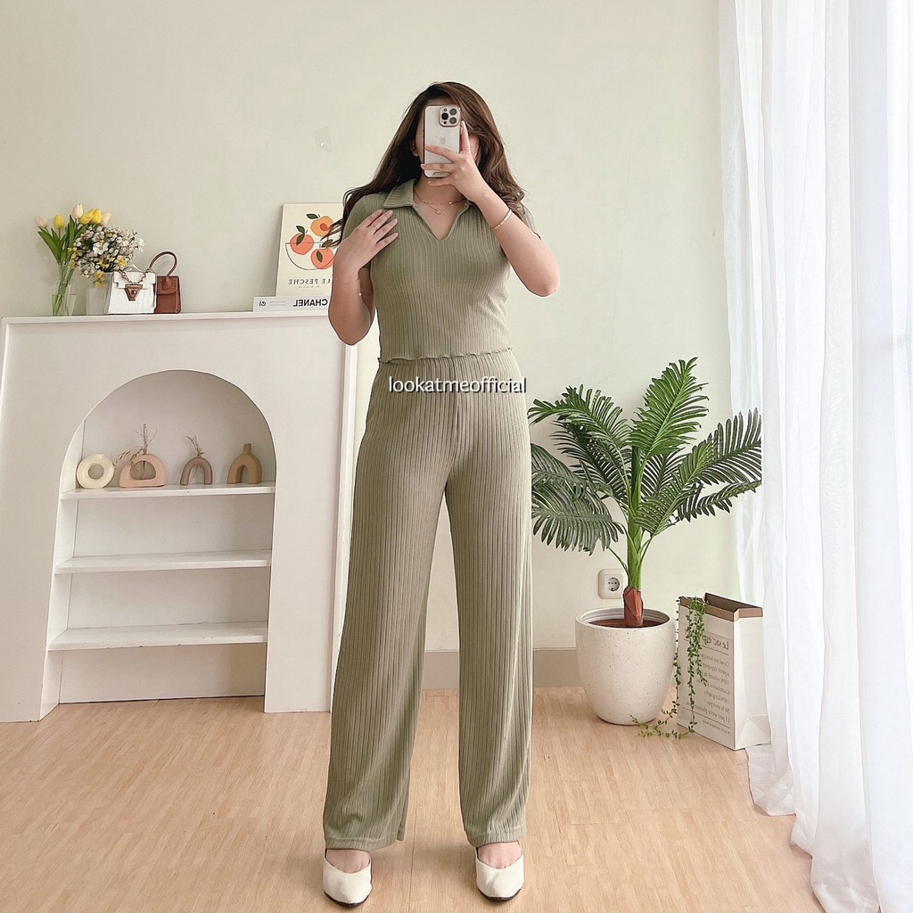 lookatmeofficial - Erika Knit Set - Setelan Wanita 2in1 Polo Top + Pants Bahan Knit Premium