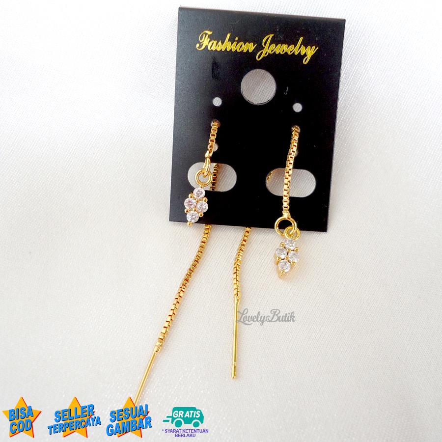 Lovelybutik Anting Serut Xuping J4ne Anting-Anting Panjang Rumbai Rantai Permata Garis Telinga Wanita