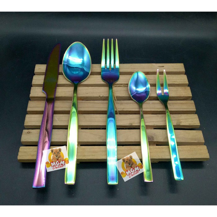 Rainbow Sendok Makan set 5pc pelangi sendok makan lengkap 5pc Gold