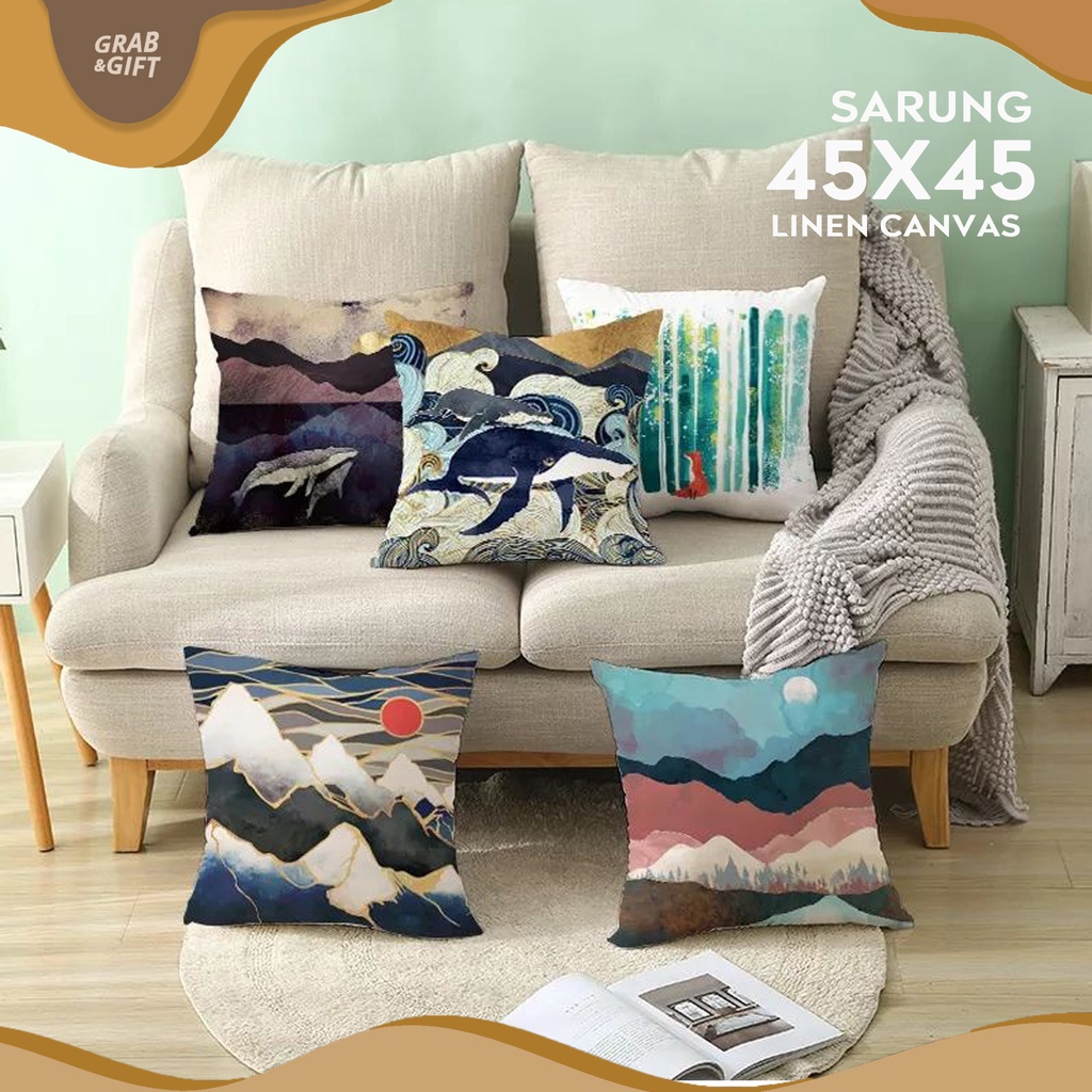 SARUNG Bantal Sofa Print 45x45 cm Linen Motif Gold Japan Retro Jepang Grabandgift