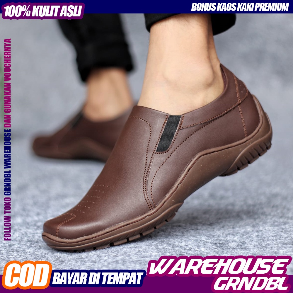 GRNDBL X BADIL Sepatu Slip On Casual Slop Selop Kasual Semi formal Cowok / Cowo Kerja Kulit Asli Pria