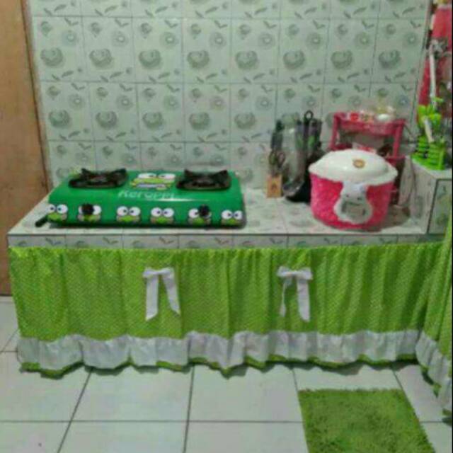 Gorden bawah kompor/Gorden kolong dapur/Gorden meja dapur katun panca motif dotty hijau pita