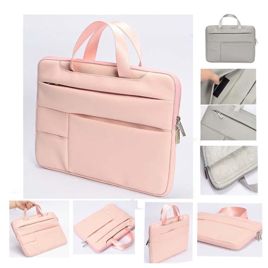 Tas Laptop Macbook Softcase Sleeve Handstrap PU Leather 13 14 inch pink