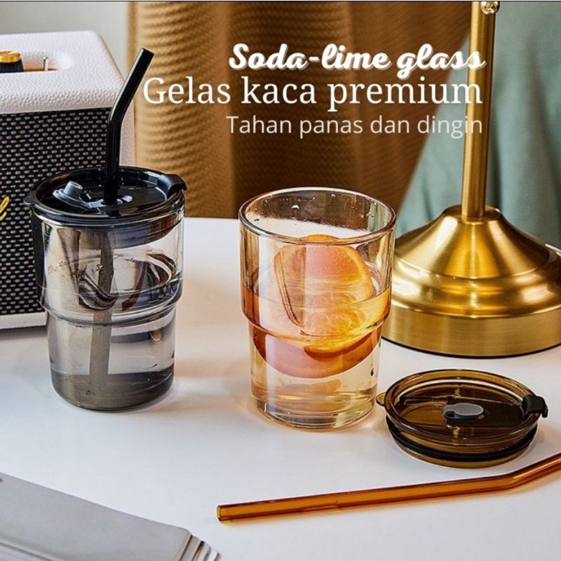 gelas kopi + sedotan tumbler kaca estetik mewah anti tumpah