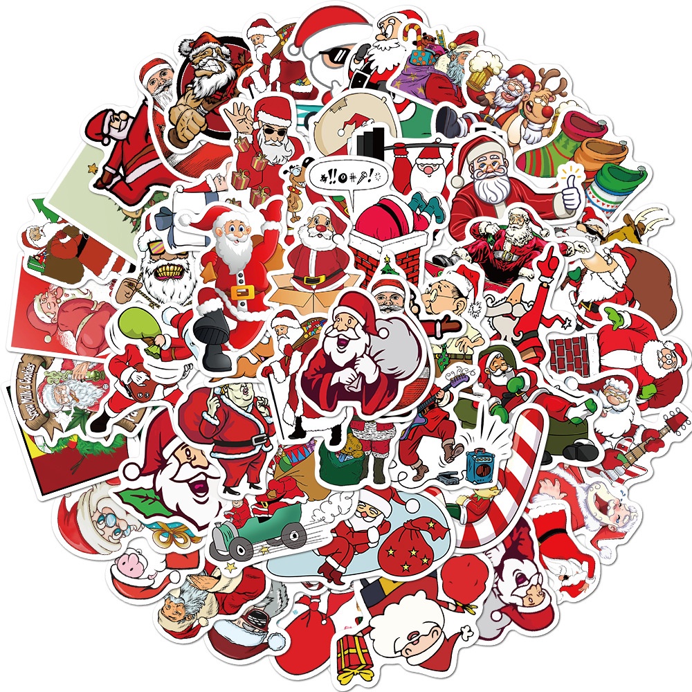 50 Pcs Christmas Theme Santa Claus Pattern Pvc Waterproof Removable Graffiti Stickers for Laptop Fridge Luggage Decor