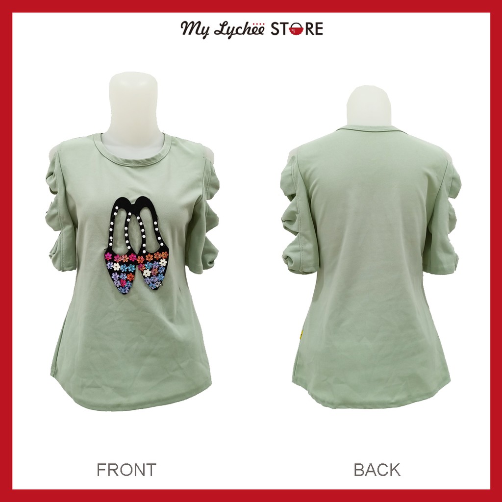 [ preloved ] atasan baju wanita hijau gambar sepatu lengan cut woman casual blouse soft green