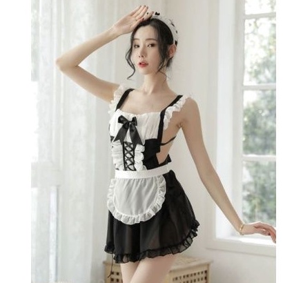 PREMIUM Sexy Cosplay Lingerie Maid Set Ribbon Setelan Seragam Pelayan Waitress Pita