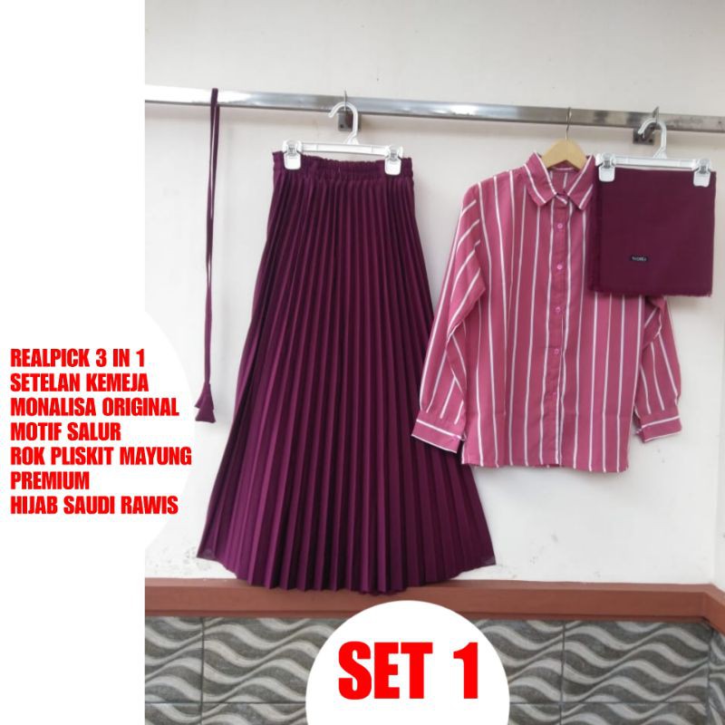 REALPICK 3 IN 1 SETELAN KEMEJA MONALISA ORIGINAL MOTIF SALUR RIZQI COLLECTION