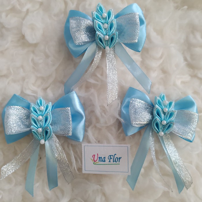 Jual Aksesoris bros pita satin kanzashi biru silver Limited