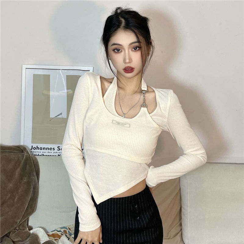 kaos wanita korean style 22 girl milk apricot small design halter chain fake two-piece long-sleeved