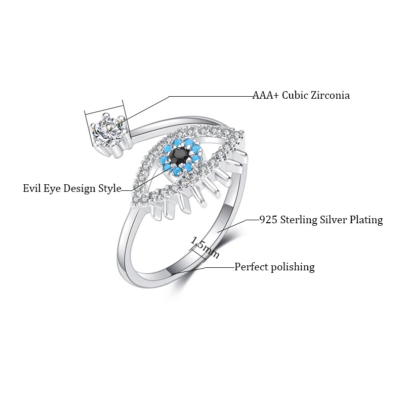 Cincin Model Terbuka Adjustable Desain Mata Iblis Biru Gaya Eropa Amerika Untuk Wanita