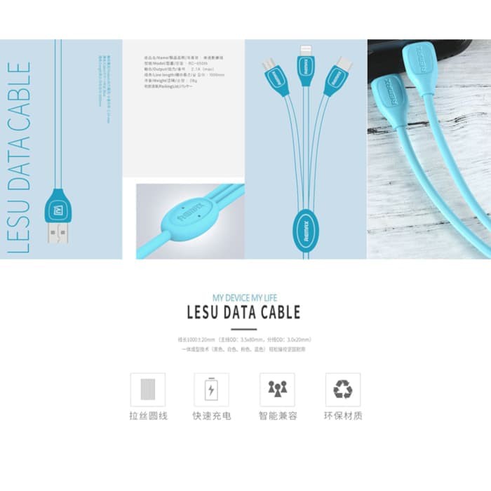 Kabel Data Remax Lesu 3 in 1 Fast Micro USB Lightning Type-C RC-050th