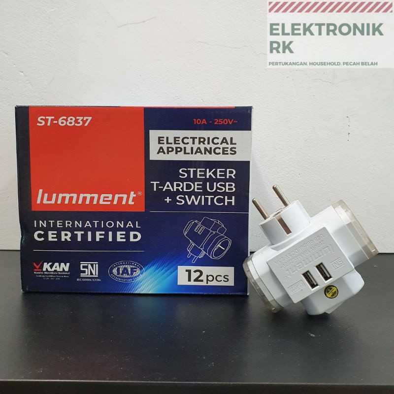 Lumment Steker T Arde Port Usb Charger 2.1 Amper Fast Charging ST 6836 Stop Kontak Lubang 3 Asli Kuningan Jek tee Cabang 3 Colokan Cas USB Jack Multi Stecker Ces Hp 2 Slot Multi Fungsi ST- 6836 SNI Harga Grosir Termurah