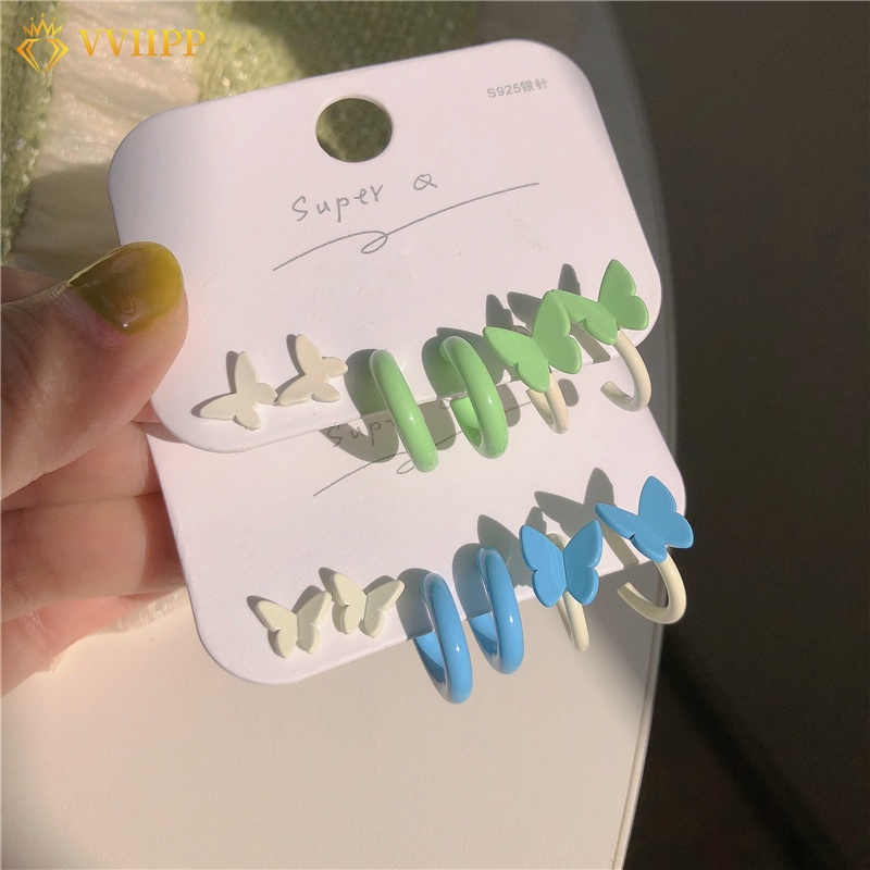 3 Pasang / Set Anting Stud Bentuk Kupu-Kupu Warna-Warni Untuk Aksesoris Perhiasan Wanita