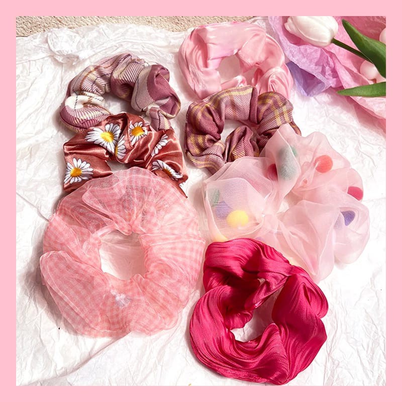 （ 27AN.ID ) COD 3Pcs/Set Ikat Rambut H159 Scrunchies Ponytail Elastis Bhn Sifon Motif BungaDaisy-6