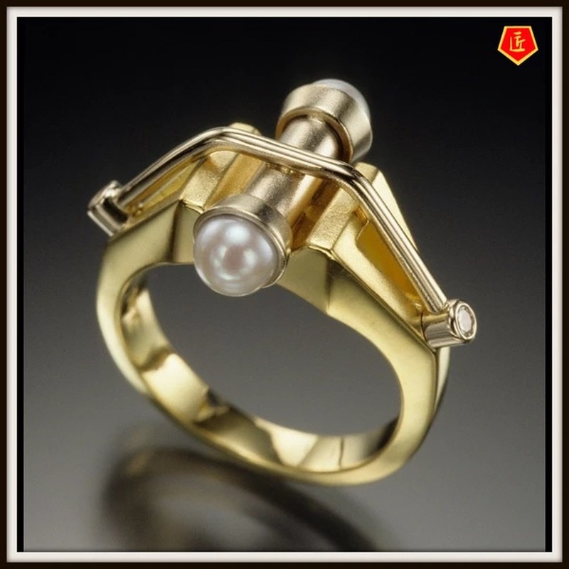 [Ready Stock]Gold Emerald Pearl Modern Ring for Women Creative Fashion