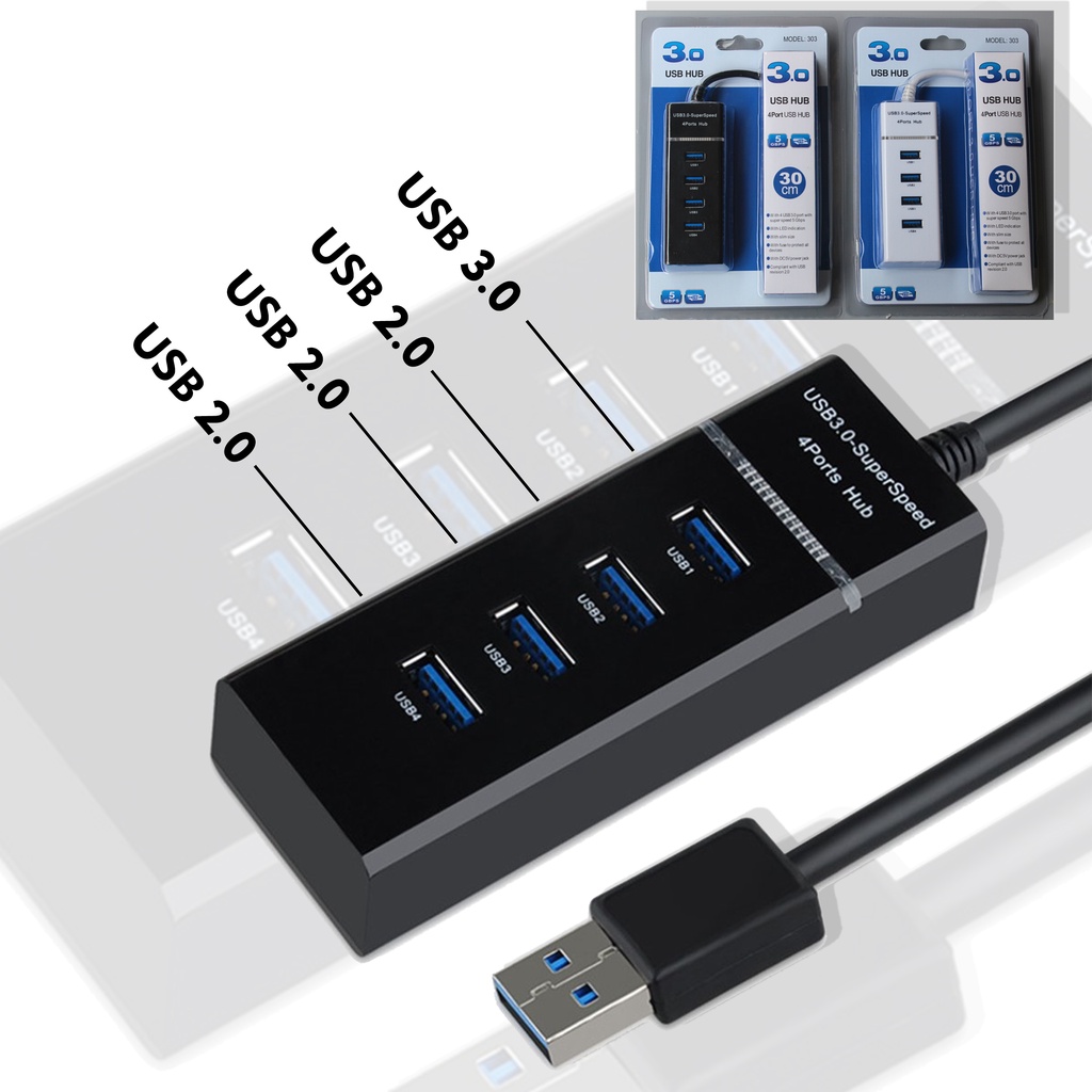 USB Port Hub 3.0 Hub USB 4 Port Super Speed 5Gbps With Blue LED 30 cm