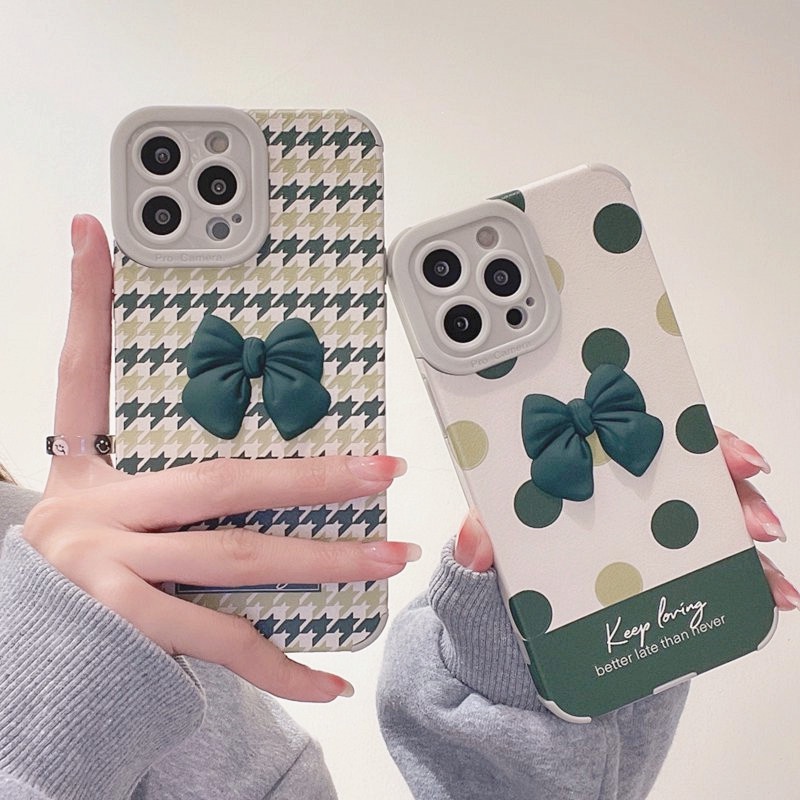 Dark Green Bow-knot Houndstooth Dots Case Hp OPPO A3S A31 F11 A5 A9 A53 A33 F9 A7 A5S A12 A11K A52 A92 A72 K3 K5 C1 Reno 3 2F 5 6 7 Pro A83 Realme XT VIVO Y93 Y91C Y50 Y20 Y12S Y11 Y12 Y15 Y17 Y30 Y30i Xiaomi Redmi Note 8 Pro 9T Women's Casing