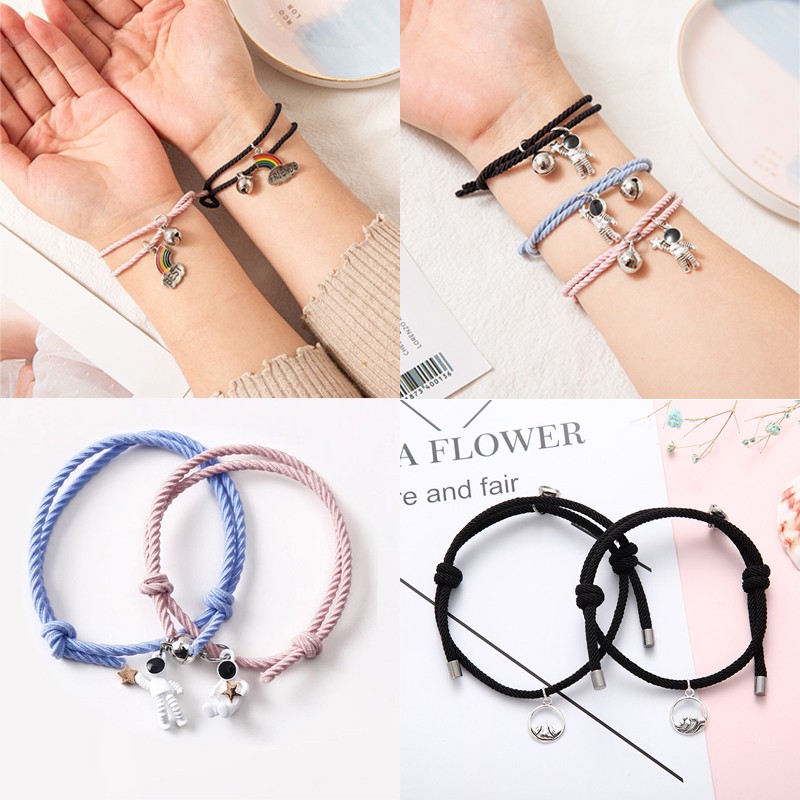 2 pcs/Gelang magnet Couple gelang pasangan Tali gelang Hitam Astronot Adjustable Braid Rope Bracelet Gaya Etnik China