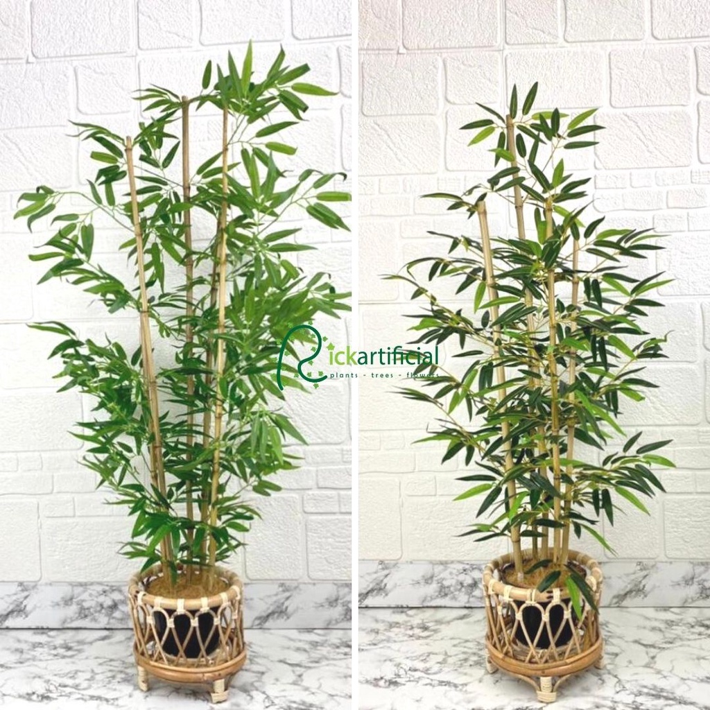Pohon Bambu Hijau Kuning Latex Artificial Pot Plastik Cover Rotan Pendek Dekorasi Rumah