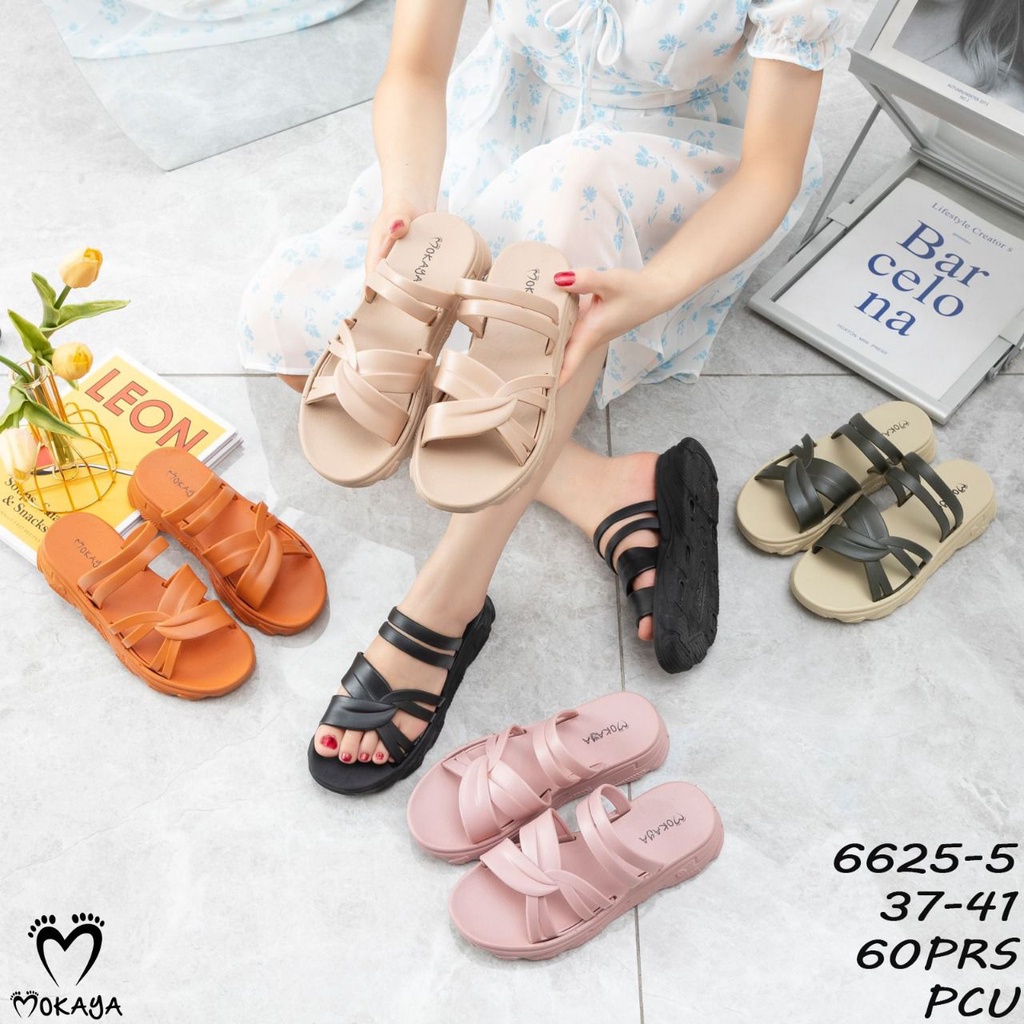 Sandal Slop Jelly Birken Korea Wanita Ban Ikat Silang Tali 2 Sol Tebal Empuk Keren Cantik Import Mokaya / Size 37-41 (6625)