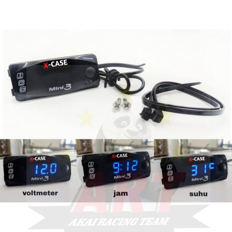 Volt Meter 3in1 Pengukur Amper Aki Temperature &amp; Jam Universal Motor Dan Mobil 12volt