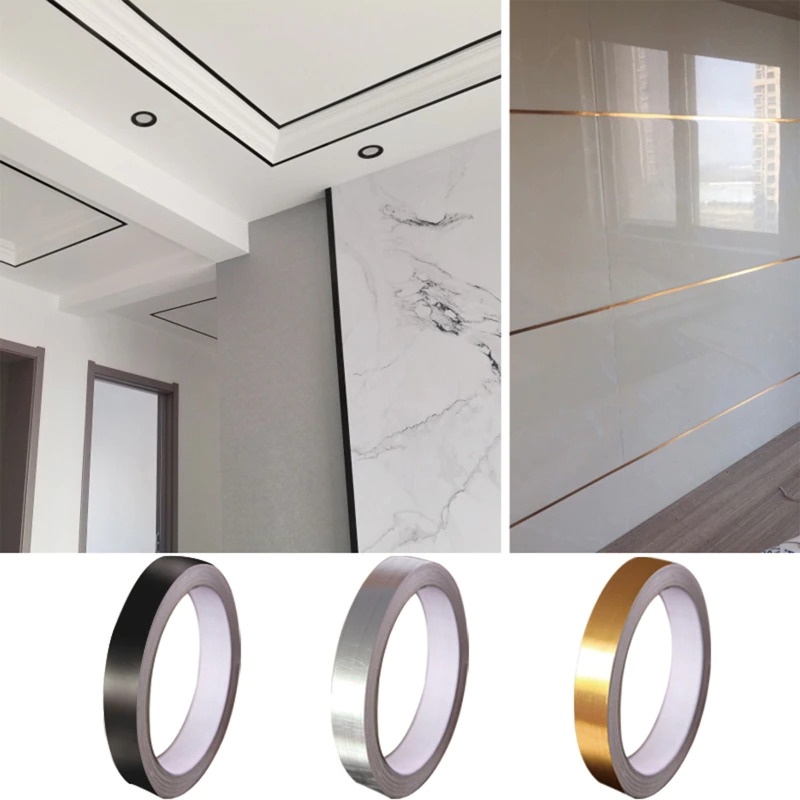 Lakban Sticker Adhesive Dekorasi Aesthetic Perekat DIY Renovasi Ruangan Lantai Dinding Pintu Rumah Cafe Kamar Warna Hitam / Gold Lem Isolasi Adhesive Floor Tile Wall Strip Tape Material PVC ukuran 0.5 / 1 cm