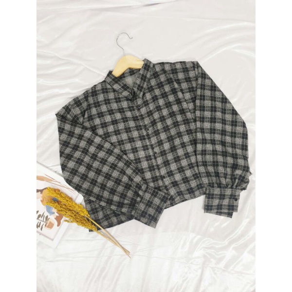 BLOUSE Bisa COD/Bayar ditempat/Gratis Ongkir  || Blouse TARTAN LENGAN BALON MIZU KOREAN STYLE | KEMEJA FLANEL WANITA NUMMA/KEMEJA CROP LENGAN PANJANG TARTAN-Numma Grey Lama