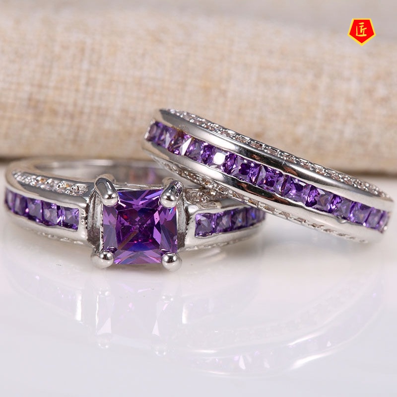 [Ready Stock][Ready Stock]Inlaid Amethyst Square Diamond Ring Set European and American Ladies Fashion