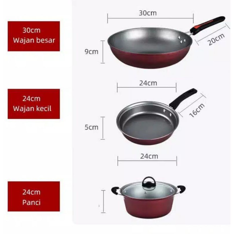 Panci Wajan Teflon WHO Set isi 3 pcs - Arria Panci Teflon Penggorengan Set