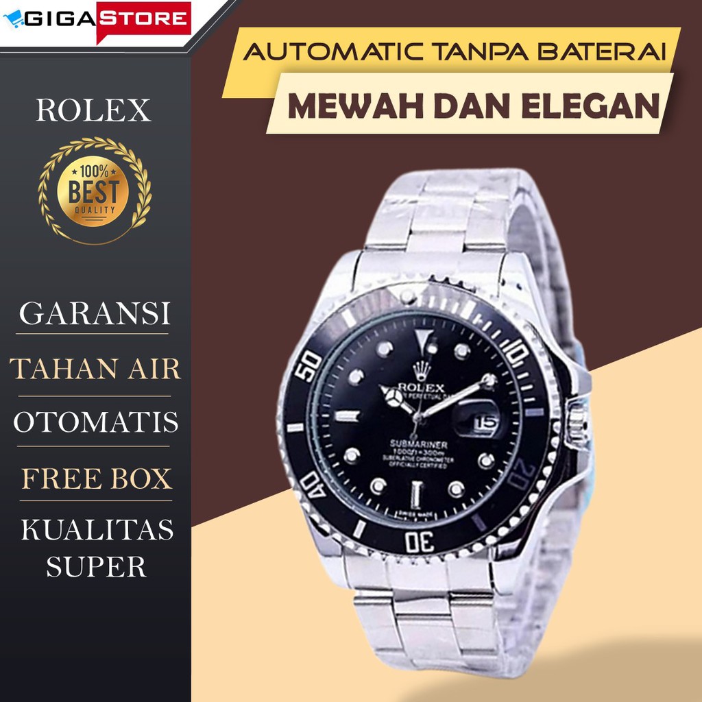 Jam Tangan Pria Rolex Automatic Analog Super Tali Rantai Stainless Date Tanggal Aktif Anti Tahan Air