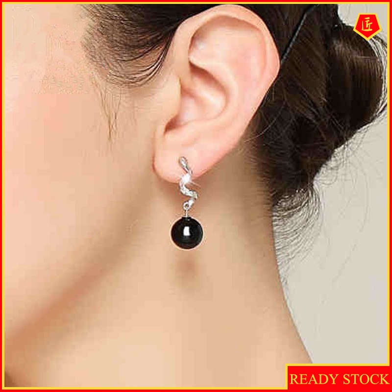 [Ready Stock]Elegant Long Fashion Black Agate Earrings