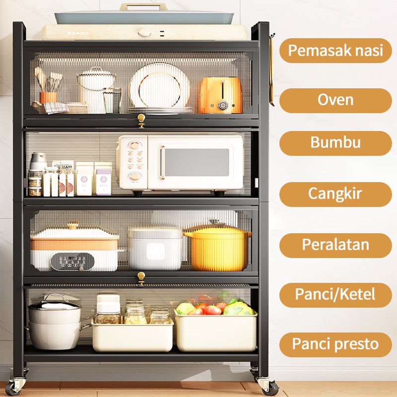 Rak Dapur Lemari Dapur Rak Oven Microwave Rak Penyimpanan Multi-layer Dengan Roda Pintu Pot Rack