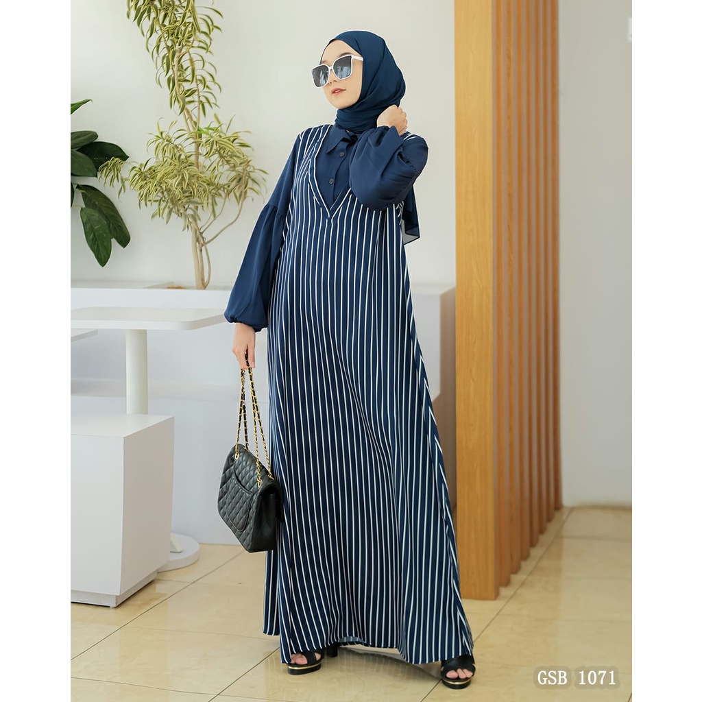 Gamis arimbi syakila motif tribal salur adem new model dress wanita terbaru