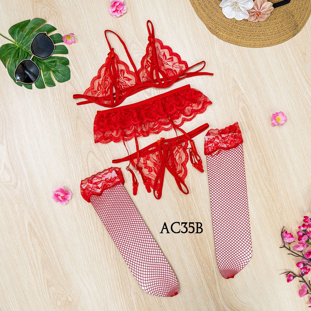 [READY STOCK] BH CD SEXY UNDERWEAR WANITA + STOCKING SEXY + GARTER BELT MERAH AC35B