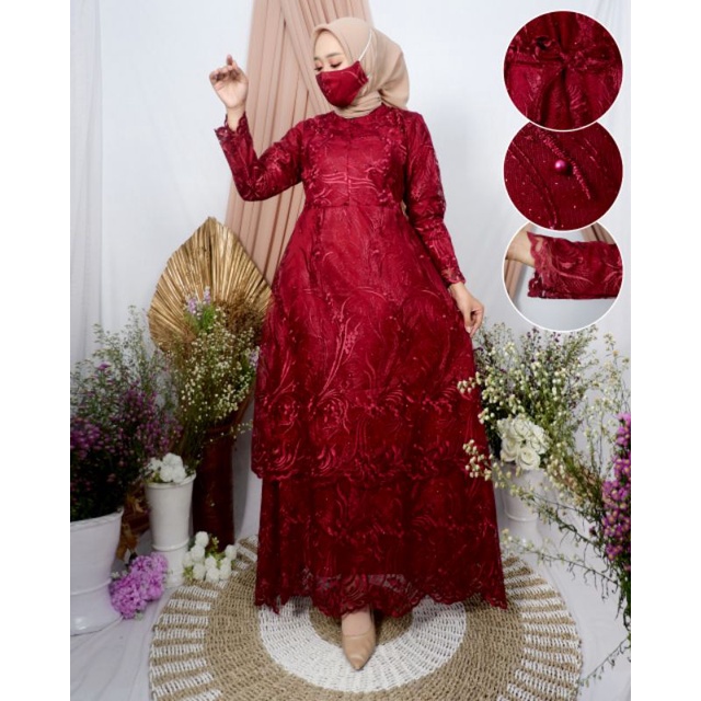 [COD]- GAMIS Tingkat Tulle MUTIARA Terbaru Brokat Tille Gamis PESTA GAMIS KEKINIAN Gamis Modern-Maroon