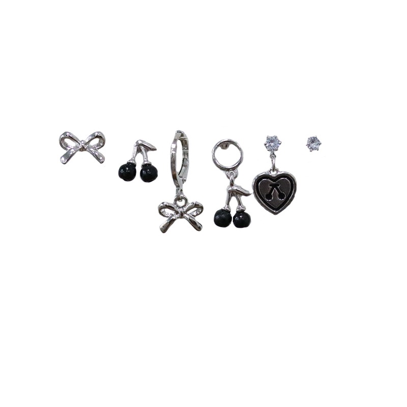 IFYOU 6pcs / set Anting Tusuk Gantung Desain Buah Ceri Hitam / Pita Gaya Korea / Vintage Untuk Wanita