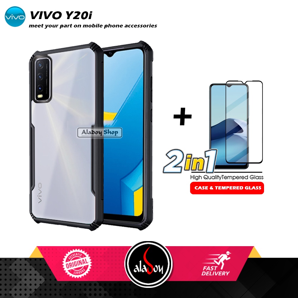 PAKET 2 IN 1 Case Vivo Y20i Armor Fusion Transparent Prmium Casing Free Tempered Glass