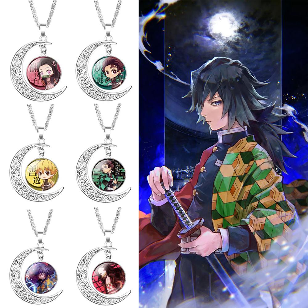 Kalung Rantai Choker Liontin Bulan Sabit Anime Demon Slayer Bahan Kaca Untuk Unisex