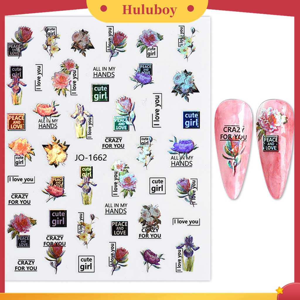 Huluboy Huluboy♡ Stiker Kuku Motif Bunga Sparkling Tahan Air Dengan Perekat Untuk Nail Art