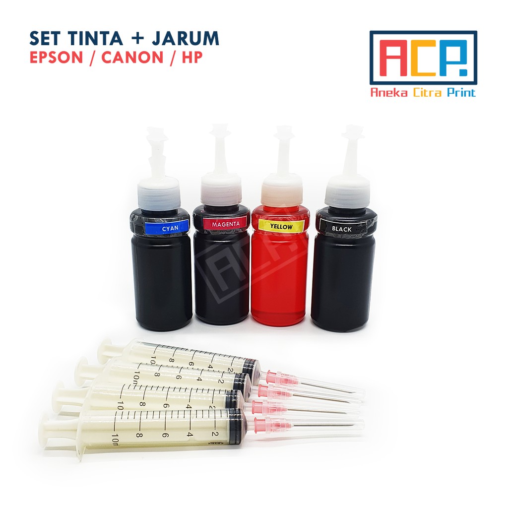 Paket 1 Set Tinta Isi Ulang Dye Epson / Canon / HP Universal - 4 Botol Tinta + 4 Suntikan